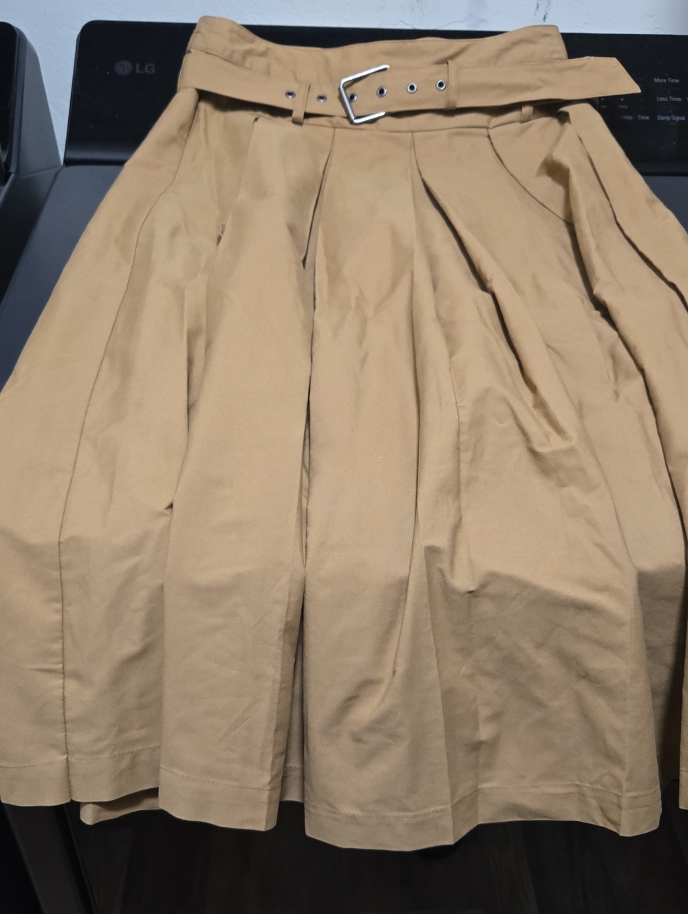 High-Waist Pleated A-Line Skirt with Belt - Tan